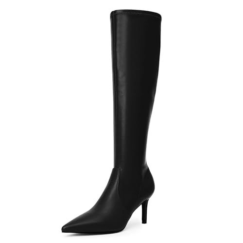 Modatope Knee High Boots for Women Black Tall Boots for Women Stretch Black Boots Knee High Black Leather Boots Stiletto Heel Womens Fall Long Boots Size 9 | Amazon (US)