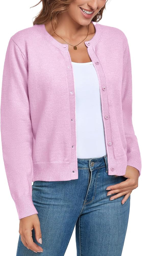 ADANIKI Women's Long Sleeve Button Knit Cardigan Sweater Lightweight Open Front Crew Neck Tops fo... | Amazon (US)