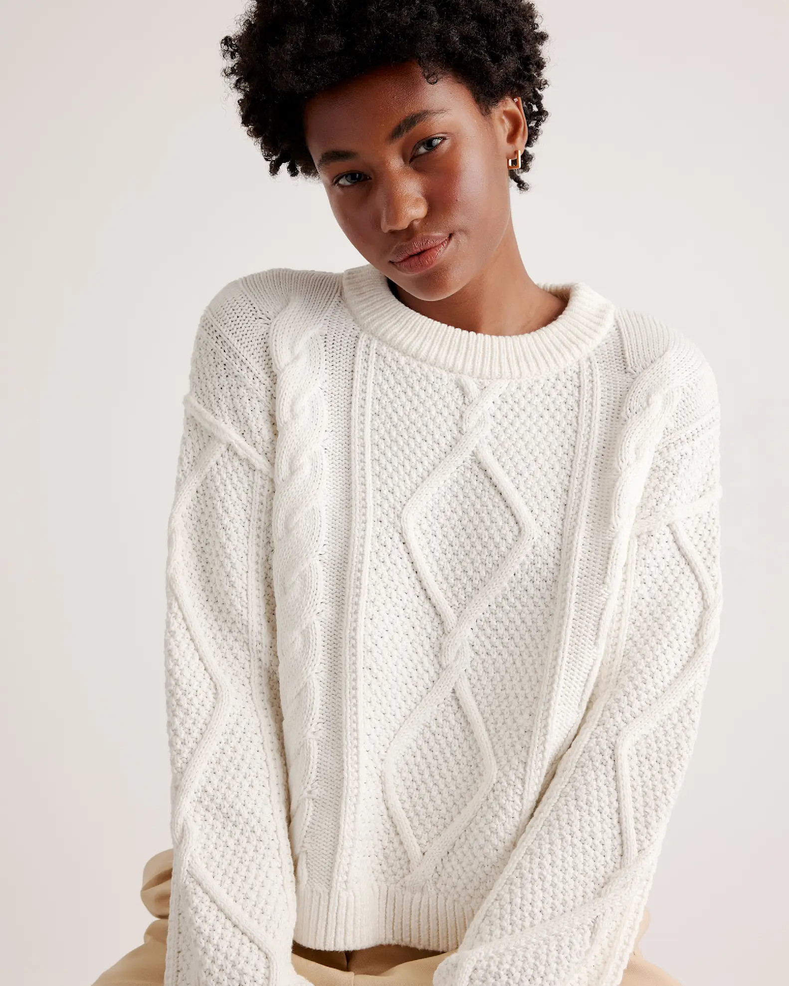 100% Organic Cotton Cropped Cable Crew Sweater | Quince