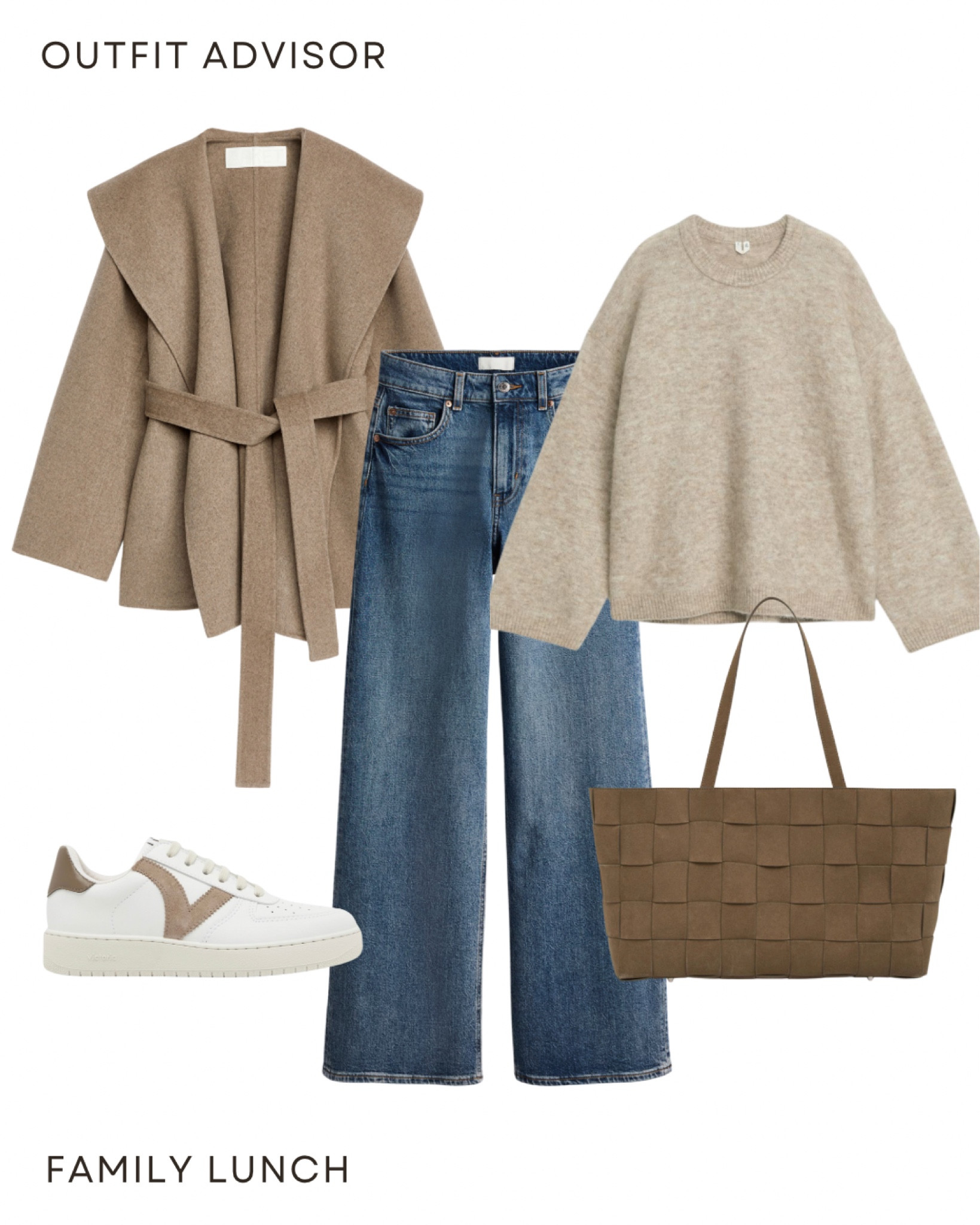 Casual autumn outfit inspo: a short brown belted coat, knit jumper, wide leg trousers, a brown suede tote bag and sneakers 

#LTKstyletip #LTKshoes #LTKautumn
