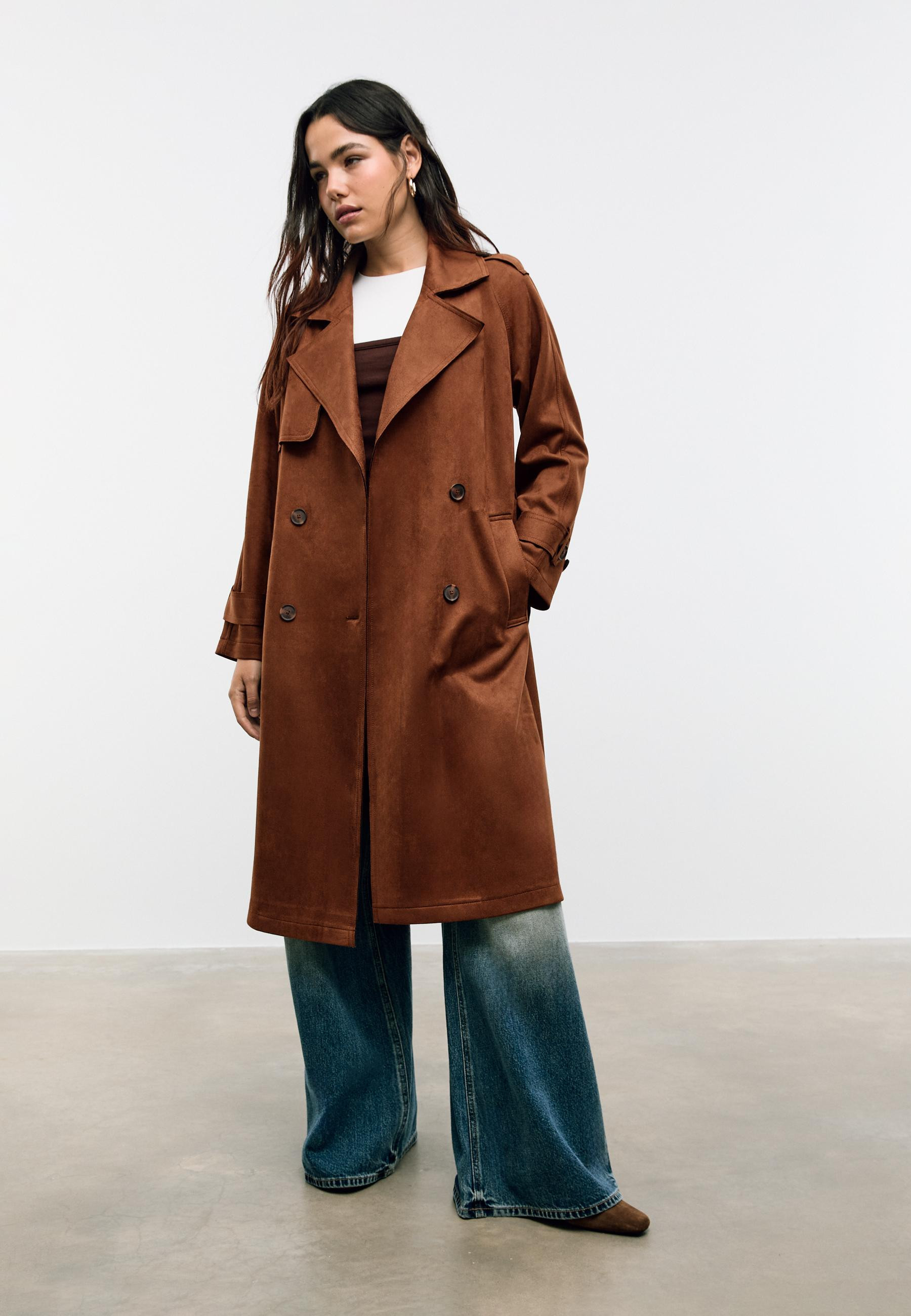 Long faux suede trench coat - Women's See all | Stradivarius United Kingdom | Stradivarius (UK)