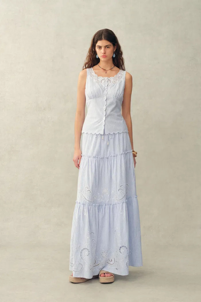 Lone Striped Embroidered Sleeveless Lace Trim Cami Top and Skirt Set i | Fabrique