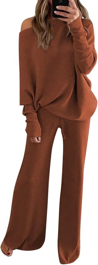 Fixmatti Women Knitted Outfits High Neck Sweater Wide Leg Pant Set 2 Pieces Sweatsuit | Amazon (US)