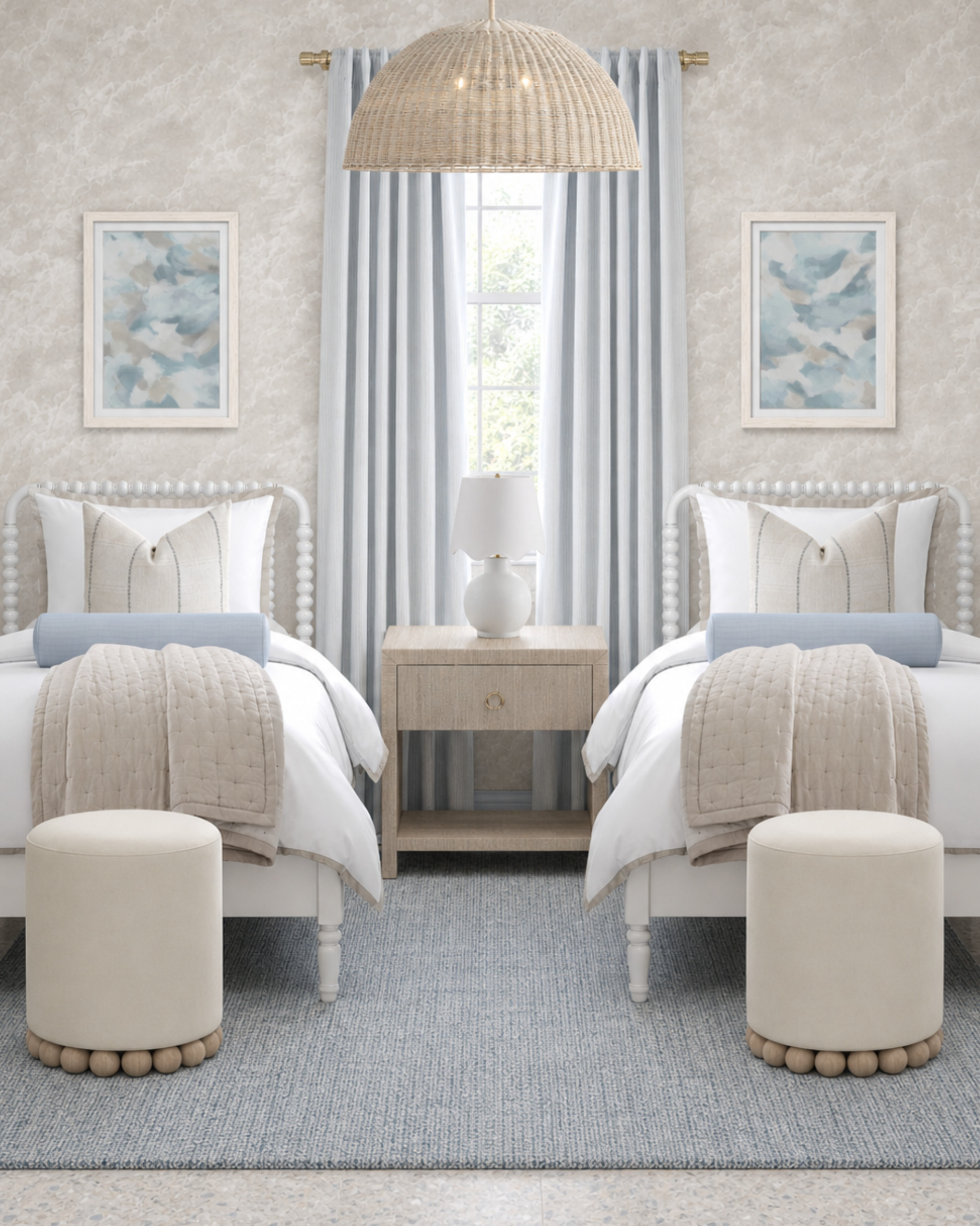 The sweetest shared room setup — soft, calm, and cute without feeling overly themed.

The matching beds make it feel pulled together, but the woven pendant, bead-detail stools, blue rug, and cozy layers keep it from looking too stiff. It’s the kind of room that feels polished now, but still easy to live in every day.

Perfect if you want a kids’ room or guest room that feels light, pretty, and timeless instead of loud or trendy.

This post contains affiliate links, and I may earn a small commission from purchases at no additional cost to you. 

 #LTKHome