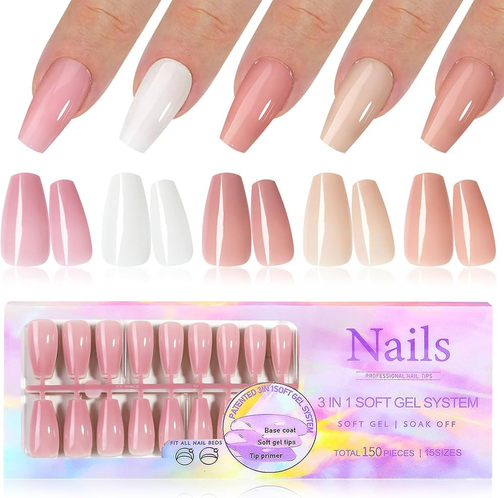 Coffin Press On Nails Long, Pre-colored Gel Press on Nails Coffin Nail Tips, 5 Colors Soft Gel Na... | Amazon (US)