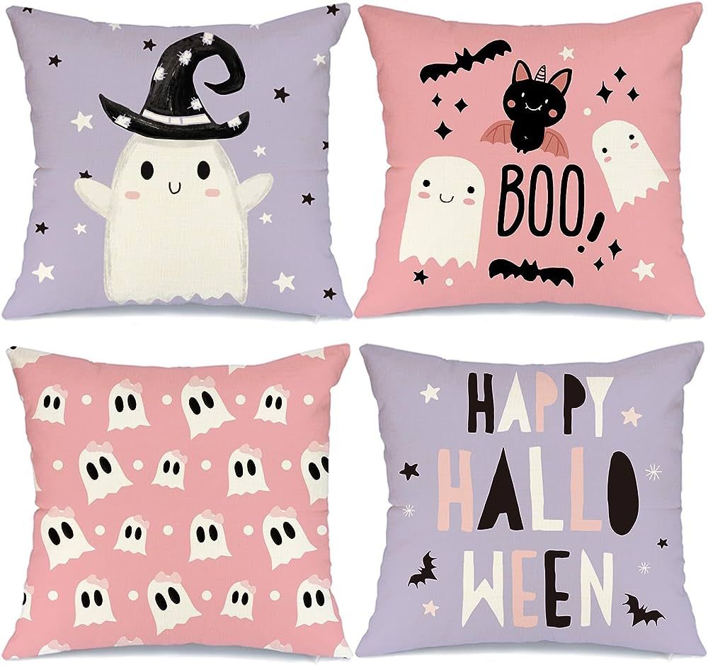 AACORS Halloween Pillow Cover 18X18 Inch Ghost with Bow Cat Bat Boo Decoration Holiday Farmhouse ... | Amazon (US)