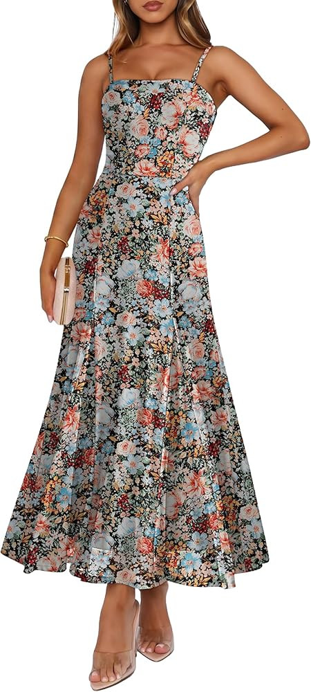 Caracilia Maxi Dresses for Women Formal Mesh Spaghetti Strap Cocktail Wedding Guest Party Floral ... | Amazon (US)