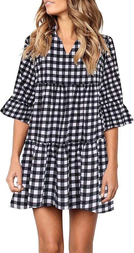 MITILLY Women's V Neck Ruffle Polka Dot Pocket Loose Swing Casual Short T-Shirt Dress | Amazon (US)