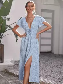 SHEIN VCAY Plunging Neck Tie Front Ditsy Floral Split Thigh Dress SKU: sw2110306363949575(500+ Re... | SHEIN