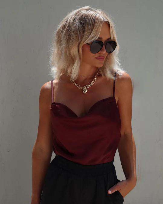 Evaluna Satin Cowl Neck Bodysuit | VICI