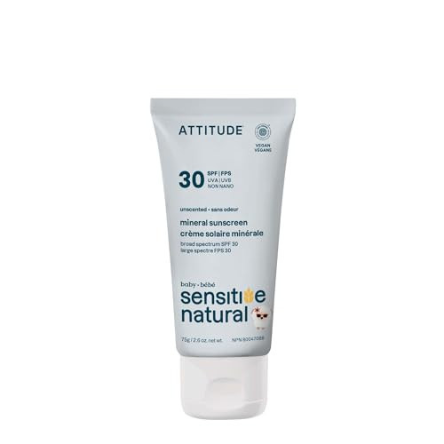 ATTITUDE Mineral Sunscreen for Baby and Kids with Sensitive Skin, EWG Verified, Broad Spectrum UVA/UVB, Dermatologically Tested, Plant and Mineral-Based Formula, Vegan, SPF 30, Unscented, 2.6 Oz | Amazon (US)