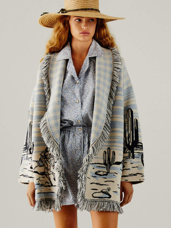 Tassel Cardigans Shawl Collar Drop Shoulder Printed Belted Women Cardigan | Milanoo