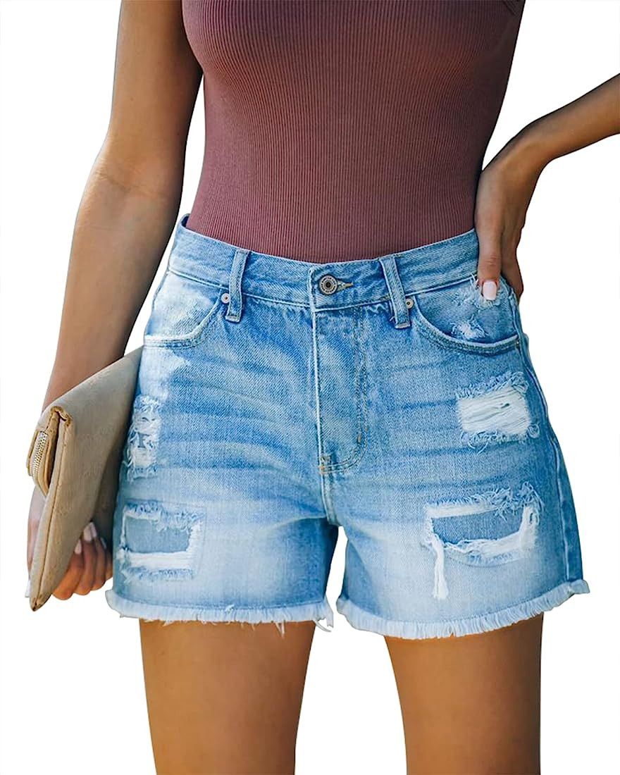 onlypuff Womens Casual Ripped Mid Waisted Denim Shorts with Pockets | Amazon (US)