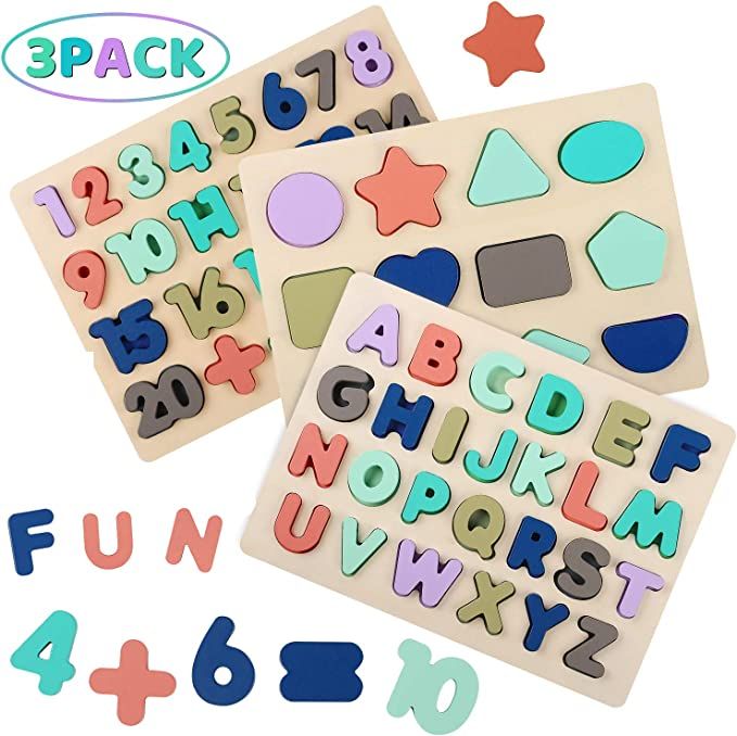 Wooden Puzzles for Toddlers, Kesletney Wooden Alphabet Number Shape Learning Puzzles for Kids, Pr... | Amazon (US)