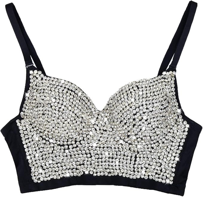 ELLACCI Women's Rhinestone Diamond Push up Bustier Crop Top Sexy Punk Corset Bra Black | Amazon (US)