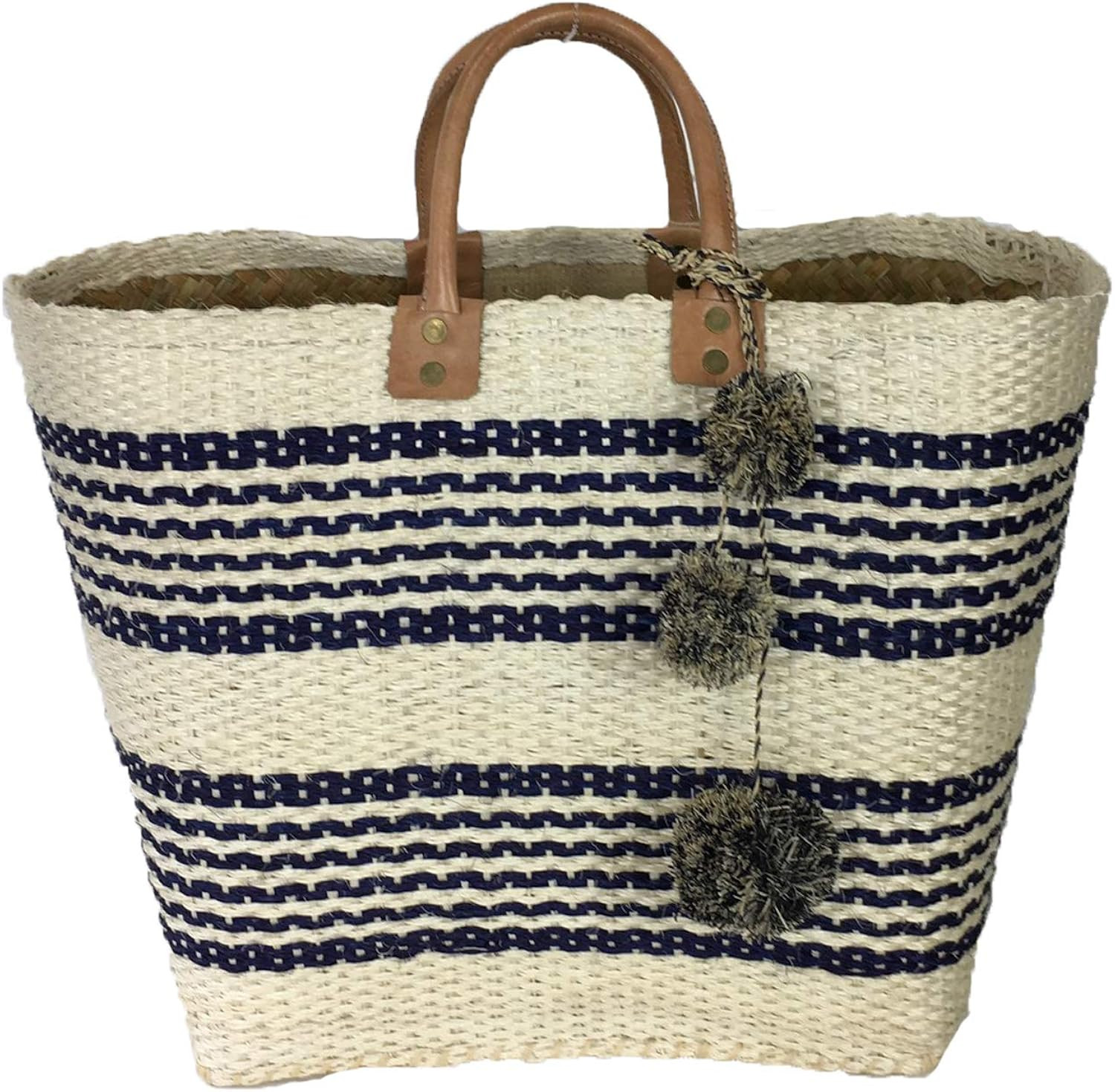 Mar Y Sol Caracas Striped Market Tote Bag Pom Pom, Natural Navy | Amazon (US)