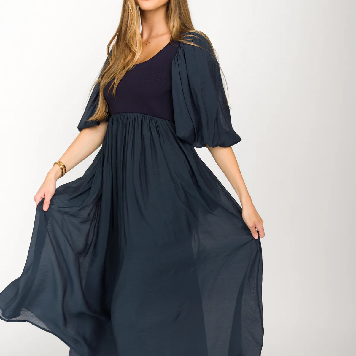 Raina Combination Midi Dress with Puff Sleeves in Navy - Bump Friendly | Worth Collective