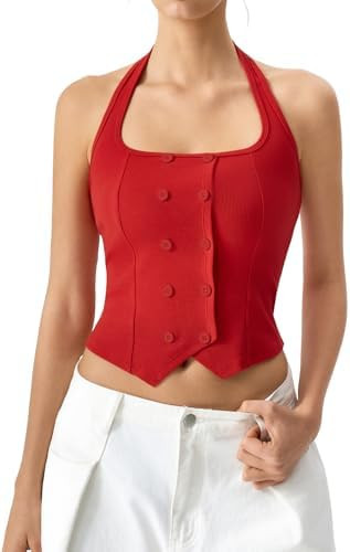 QINSEN Ribbed Sleeveless Tank for Womens Halter Neck Button Trim Slim Fit Cropped Shirt Going Out... | Amazon (US)