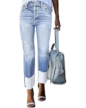 Sidefeel Womens Ripped Cuffed Jeans High Waisted Boyfriend Straight Leg Denim Pants | Amazon (US)