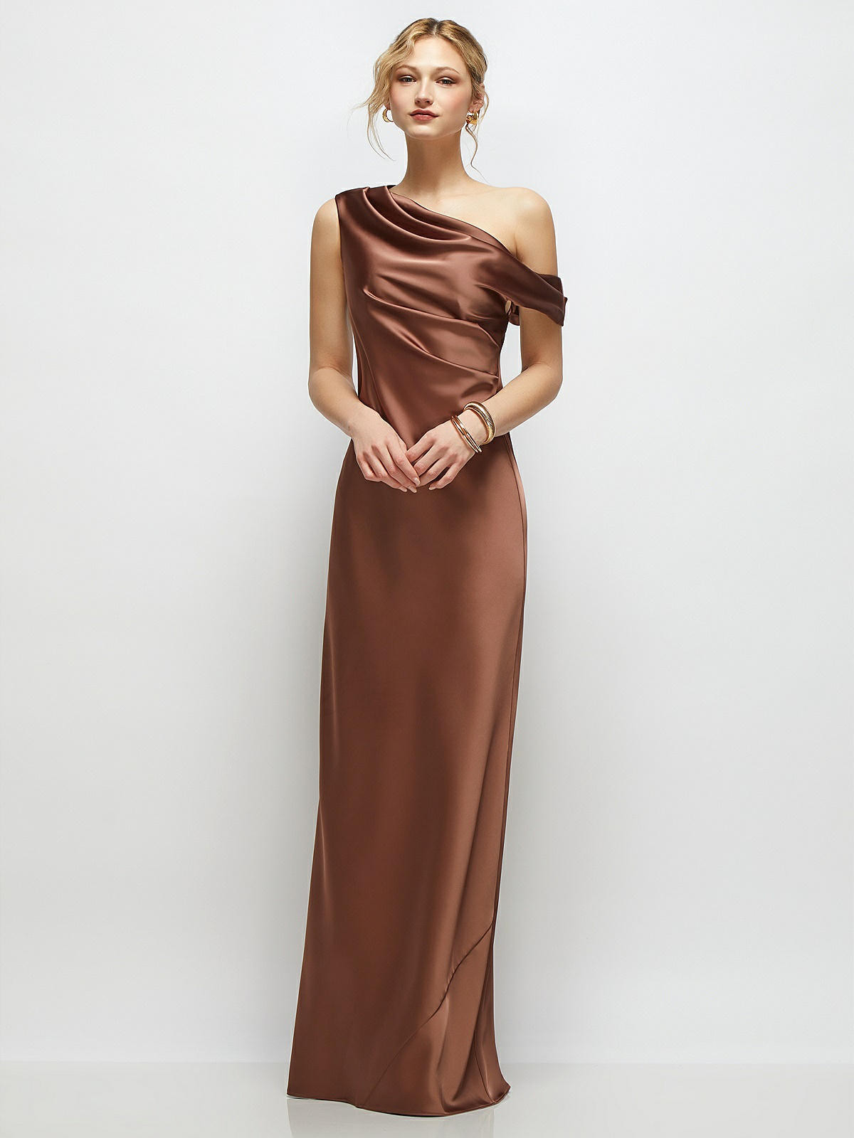 Draped One-Shoulder Bias Stretch Satin Maxi Dress in Cognac | Dessy Group