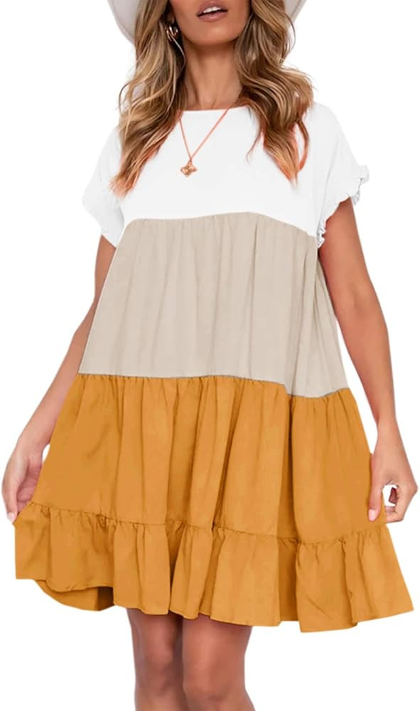 Imysty Womens Boho Floral Printed Babydoll Ruffles Casual Loose Short Mini T-Shirt Dress | Amazon (US)