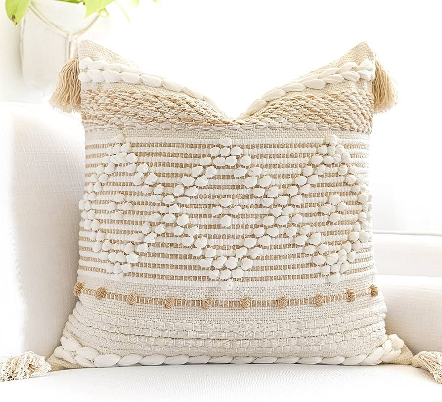BlissBlush Cream White Boho Throw Pillow Cover 20X20, Boho Woven Textured Pillow Cover, Neutral P... | Amazon (US)