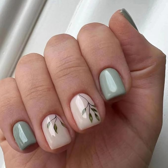 Amazon.com: Press on Nails Short Square Press on Nails False Nails with Designs Green Leaf Glue o... | Amazon (US)