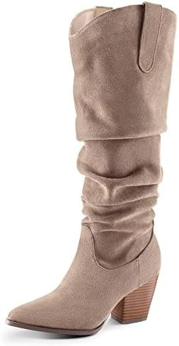 mysoft Women's Cowboy Knee-High Boots Pointed Toe Mid Chunky Heel Pull On Slouchy Boots with Zipp... | Amazon (US)