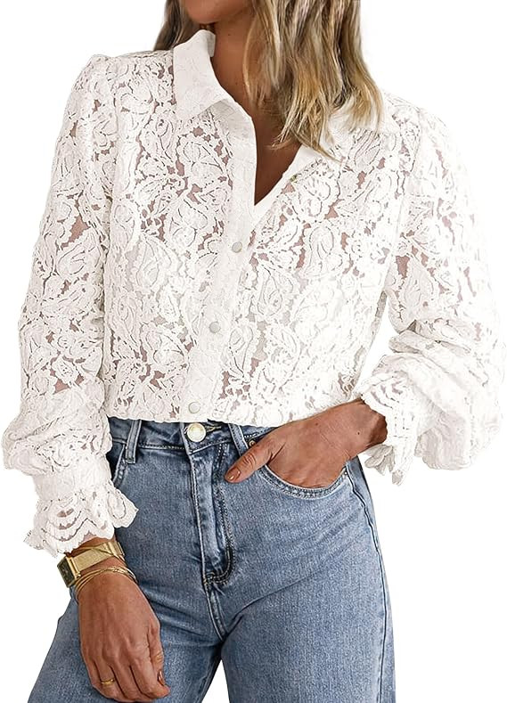 BTFBM Long Sleeve Lace Blouses for Women 2025 Spring Dressy Casual Button Down Shirts Date Night ... | Amazon (US)