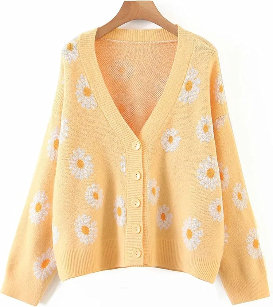 Women Y2K Floral Print Knit Cardigan Sweater Long Sleeve V Neck Button Down Sweater Vintage Aesth... | Amazon (US)