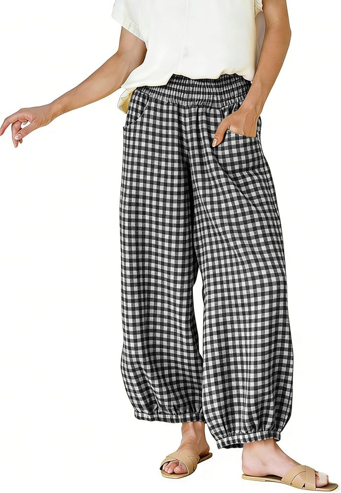 Faleave Women's Wide Leg Pants Gingham Plaid Casual High Waisted Cotton Barrel Pants Comfy Summer... | Amazon (US)