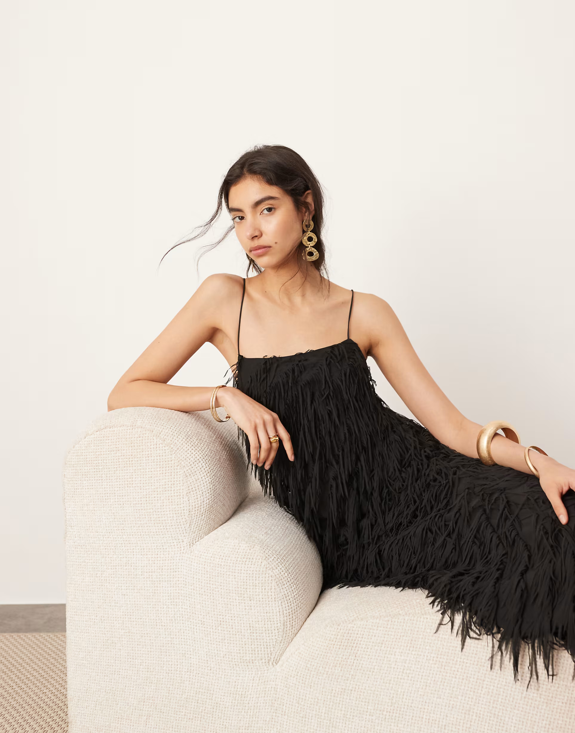 ASOS EDITION textured fringe cami maxi dress with low back in black | ASOS (Global)