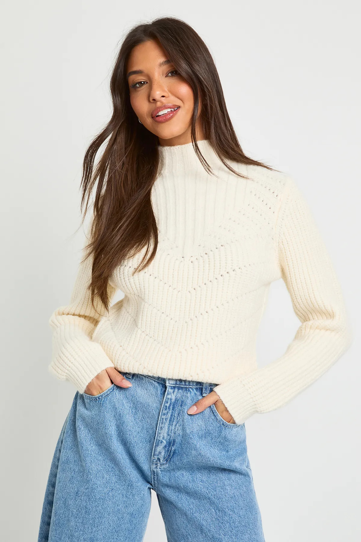 Cream Chunky Pointelle Knitted High Neck Crop Jumper | Boohoo USA | boohoo (US & Canada)