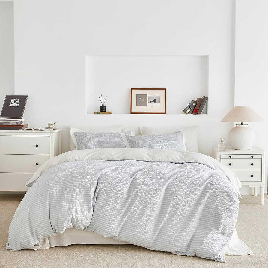SUSYBAO Blue Striped Duvet Cover King 100% Cotton Light Blue Seersucker Duvet Cover Washed Cotton... | Amazon (US)