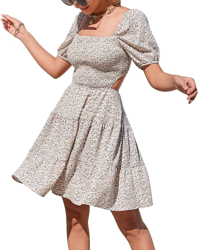 Byinns Women's Square Neck Ruffle Mini Dress Smocked Cut Out Ditsy Floral Backless Tiered Puff Sh... | Amazon (US)