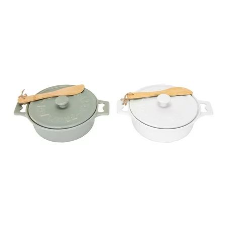 Creative Co-Op Round Stoneware Brie Bakers with Lids & Wood Spreaders (Set of 2 Colors) | Walmart (US)