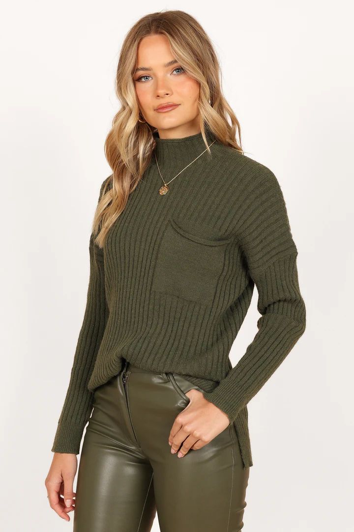 Alyssa Crewneck Oversized Pocket Knit Sweater - Olive | Petal & Pup (US)