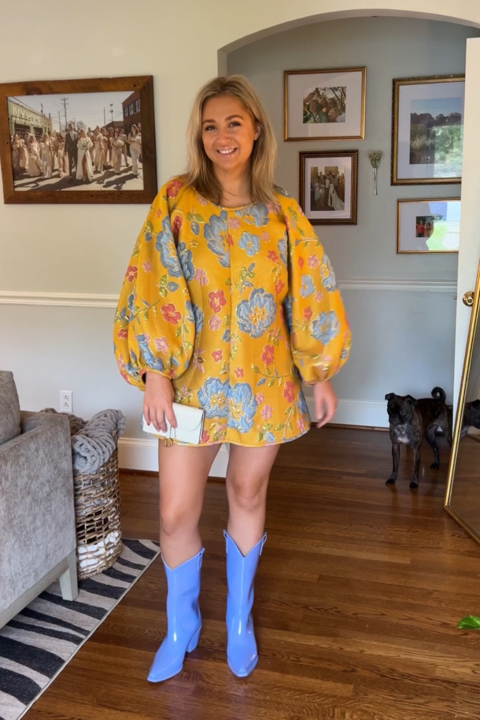 Wearing a small in the dress! Runs oversized. The boots are old Jeffrey Campbell rubber cowgirl boots 