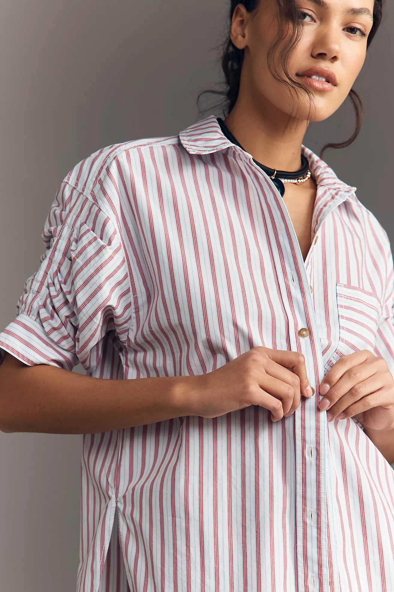 Pilcro Ruched Sleeve Buttondown Shirt | Anthropologie (US)