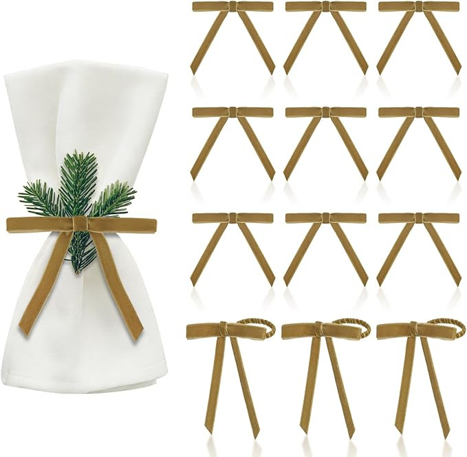 12 Pcs Christmas Napkin Rings Khaki Bow Velvet Napkins Holder Xmas Chic Velvet Napkin Buckle for ... | Amazon (US)