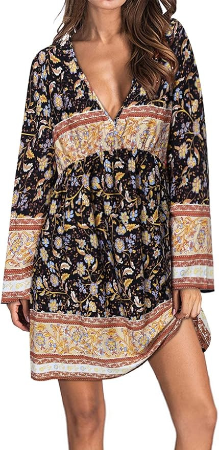 Kidsform Women Boho Dress Floral Printed Deep V-Neck Summer Beach Bohemian Sundress Loose Short M... | Amazon (US)