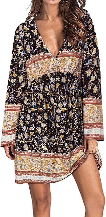 Kidsform Women Boho Dress Floral Printed Deep V-Neck Summer Beach Bohemian Sundress Loose Short M... | Amazon (US)