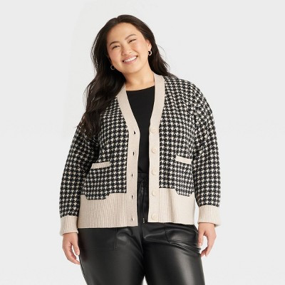 Women's Cozy Knit Everyday Cardigan - A New Day™ Taupe/Black Houndstooth 1X | Target