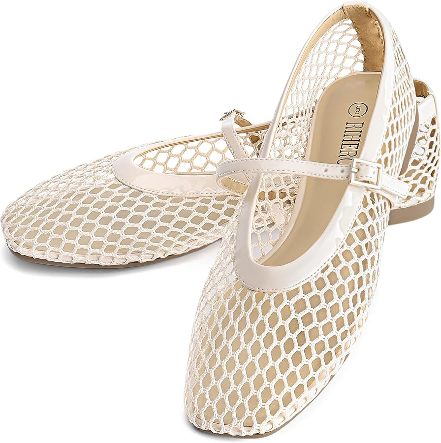 Rihero Mesh Ballet Flats for Women Comfortable Square Toe Ballerina Flats Buckle Strap Casual Fis... | Amazon (US)