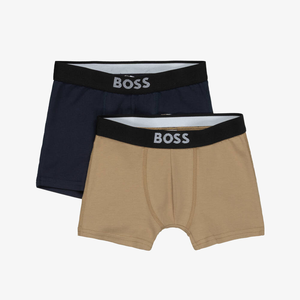 Boss Boys Navy Blue & Beige Cotton Jersey Boxers (2 Pack) | Childrensalon