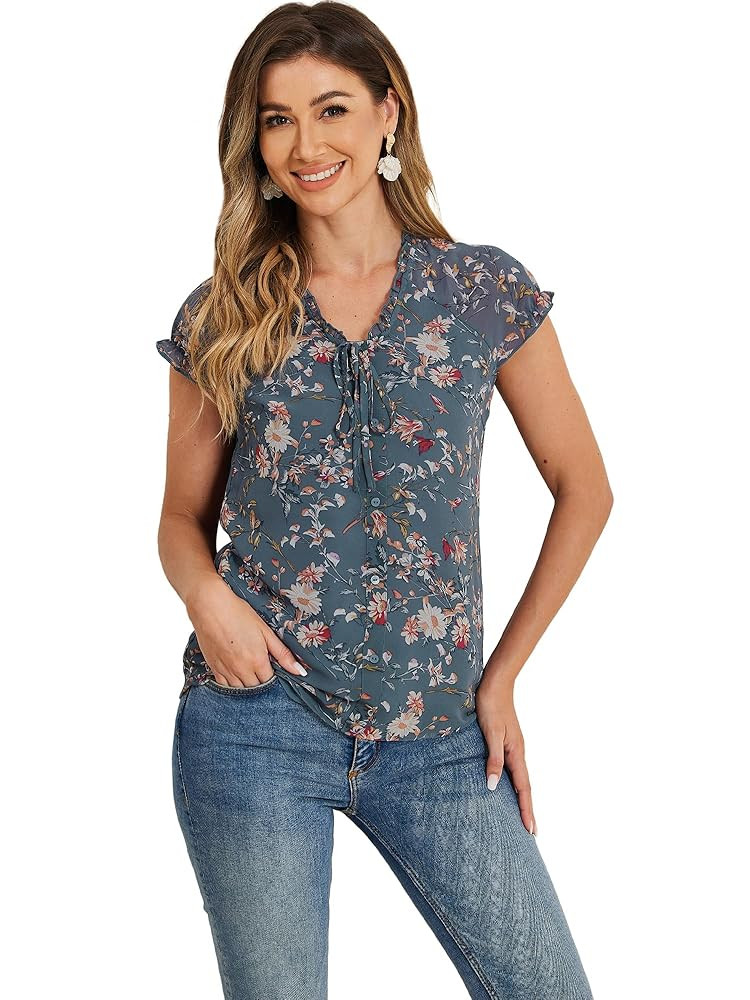 Allegra K Women's Floral Tops Summer 2025 V Neck Short Cap Sleeve Ruffle Casual Chiffon Blouse | Amazon (US)