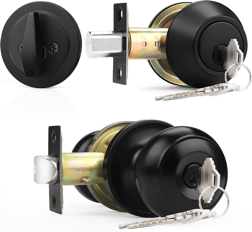 Probrico Keyed Alike Round Ball Entry Door Knob and Single Cylinder Deadbolt Set, Flat Black, 1Pa... | Amazon (US)