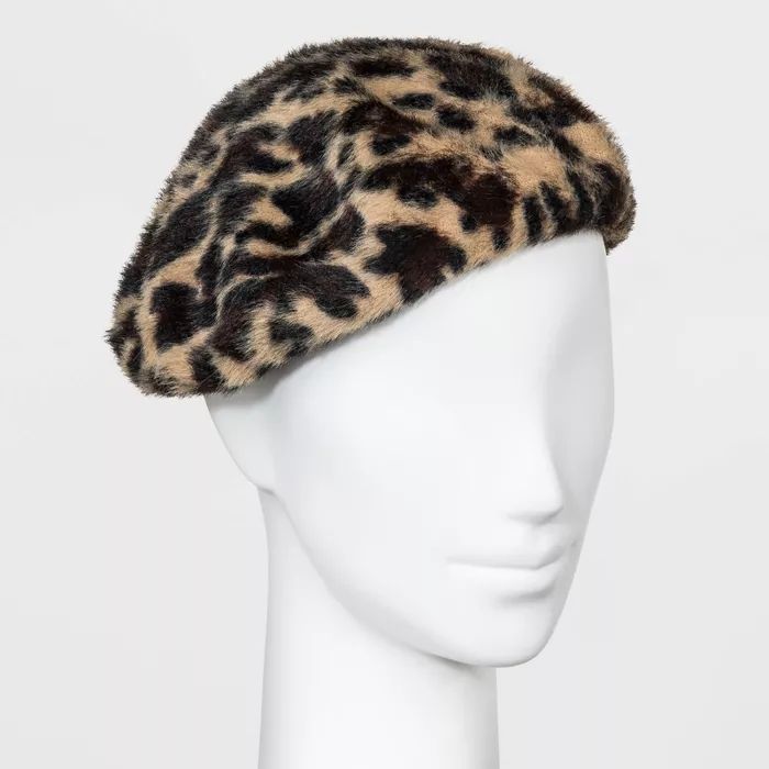 Women's Leopard Print Faux Fur Beret Hat - A New Day™ One Size | Target