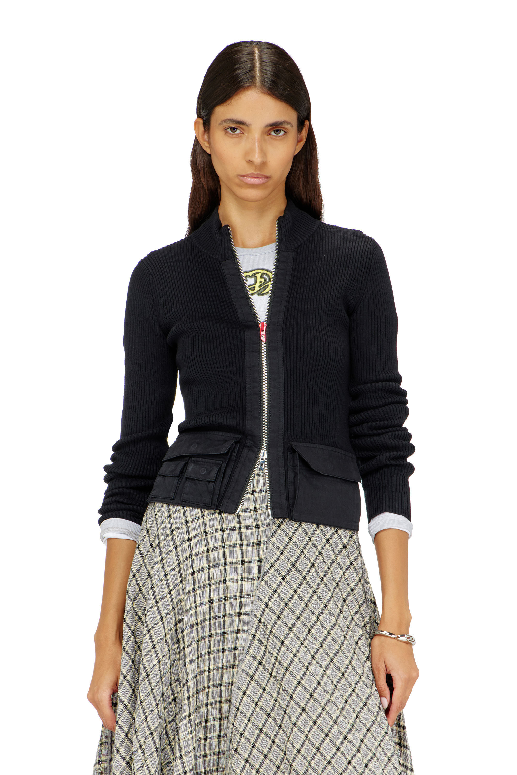 Diesel - Ribbed cardigan with cargo pockets - Knitwear - Woman - Black | Diesel US
