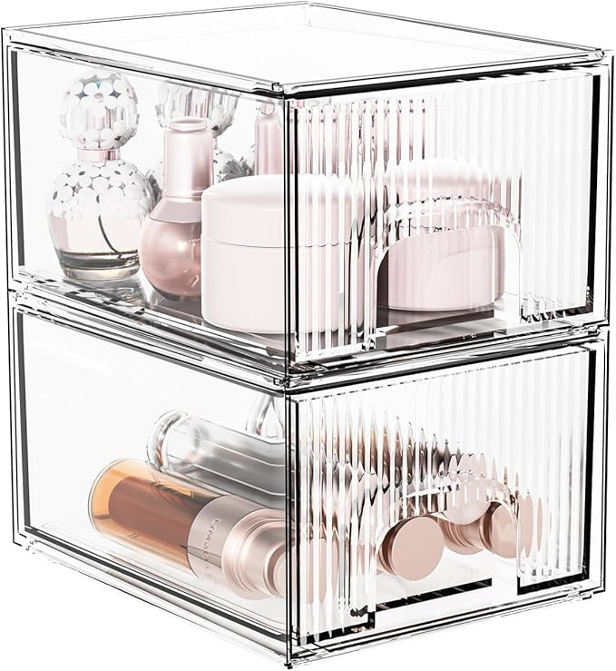 FBOTML 2 Pack Stackable Makeup Organizer, Clear Acrylic Organizers Storage Drawer Organizer, Cosm... | Amazon (US)